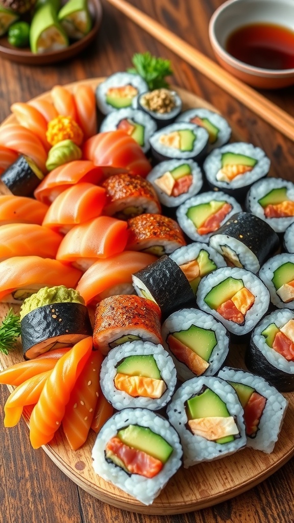 An assortment of sushi rolls on a platter, showcasing fresh fish, avocado, and vegetables, garnished with sesame seeds and wasabi.